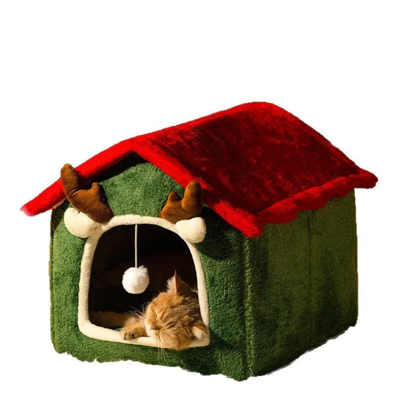 Christmas cat nest in red top elk colour with removable cover, made from cotton and PP cotton, on display as a pet bed