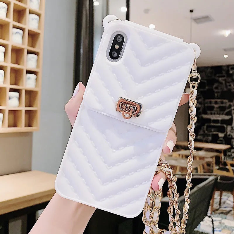Chain card phone case wallet style in pure colour black with detachable chain on white background