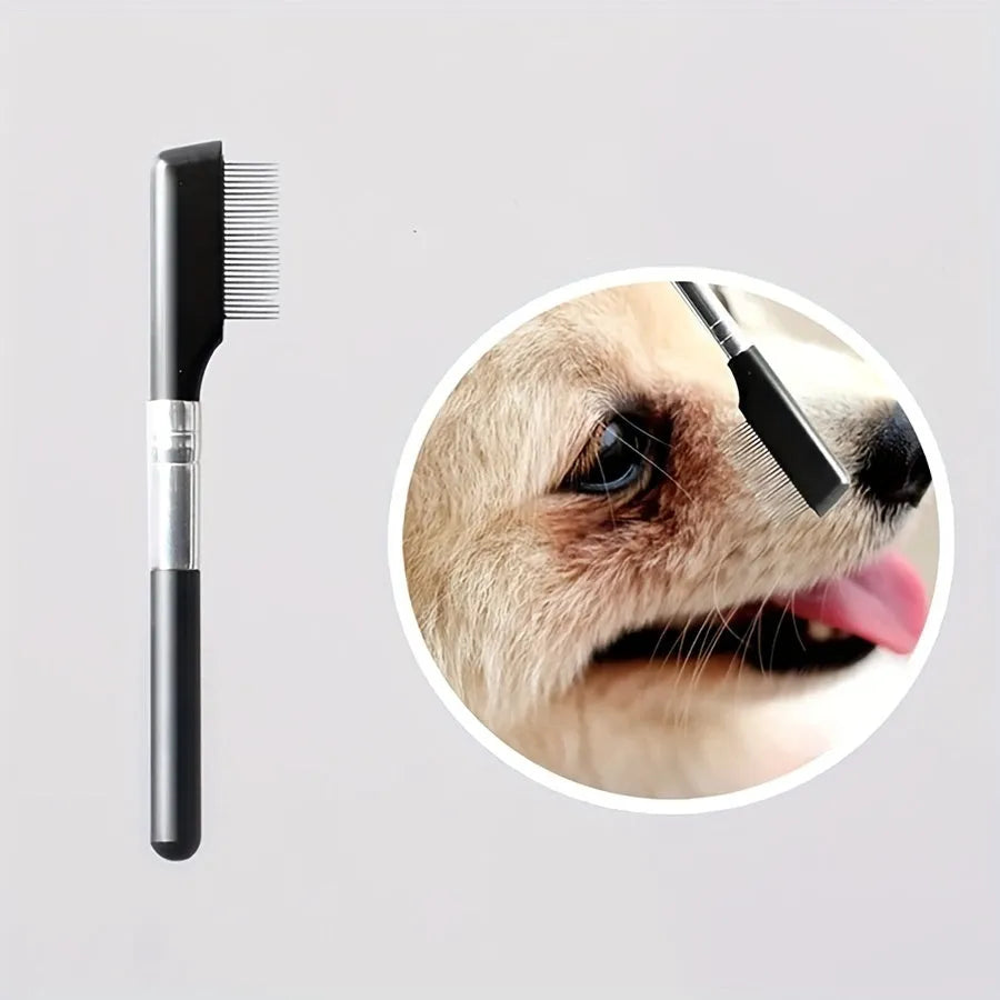 Black pet eye grooming brush with soft bristles and comb attachment for tear stain removal