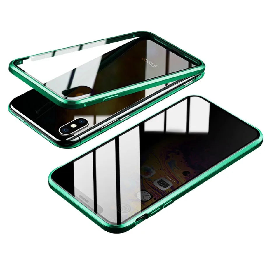 Glass anti-spy clamshell phone case for iPhone in multiple colours showing geometric pattern.