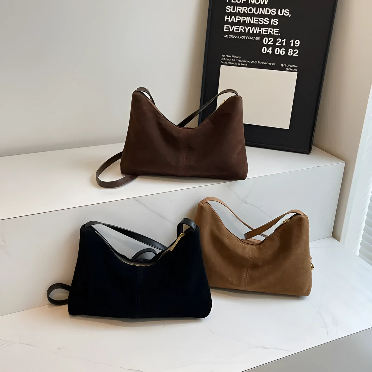 Retro soft PU underarm bag bucket shape with sandwich pocket sewing line detail black brown coffee colours