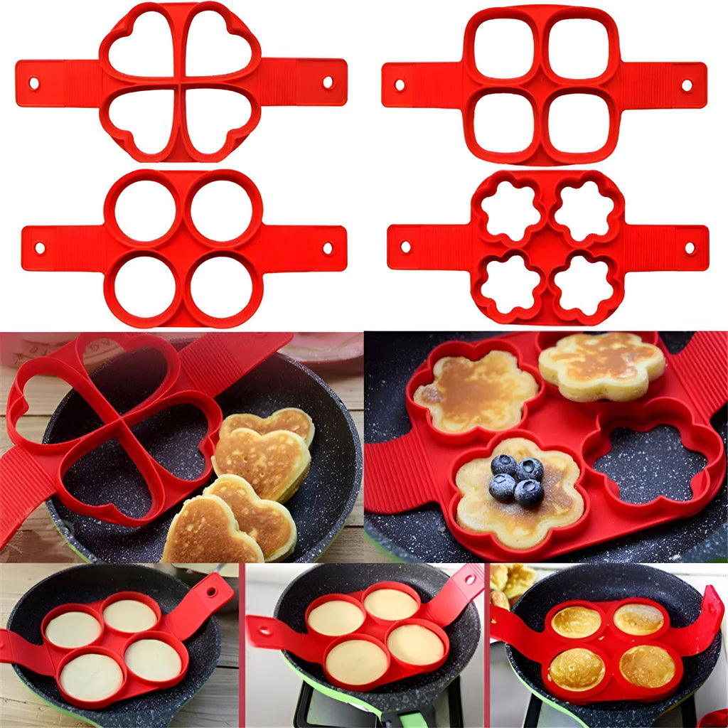 Red silicone nonstick egg pancake maker ring laid flat on a cooking surface