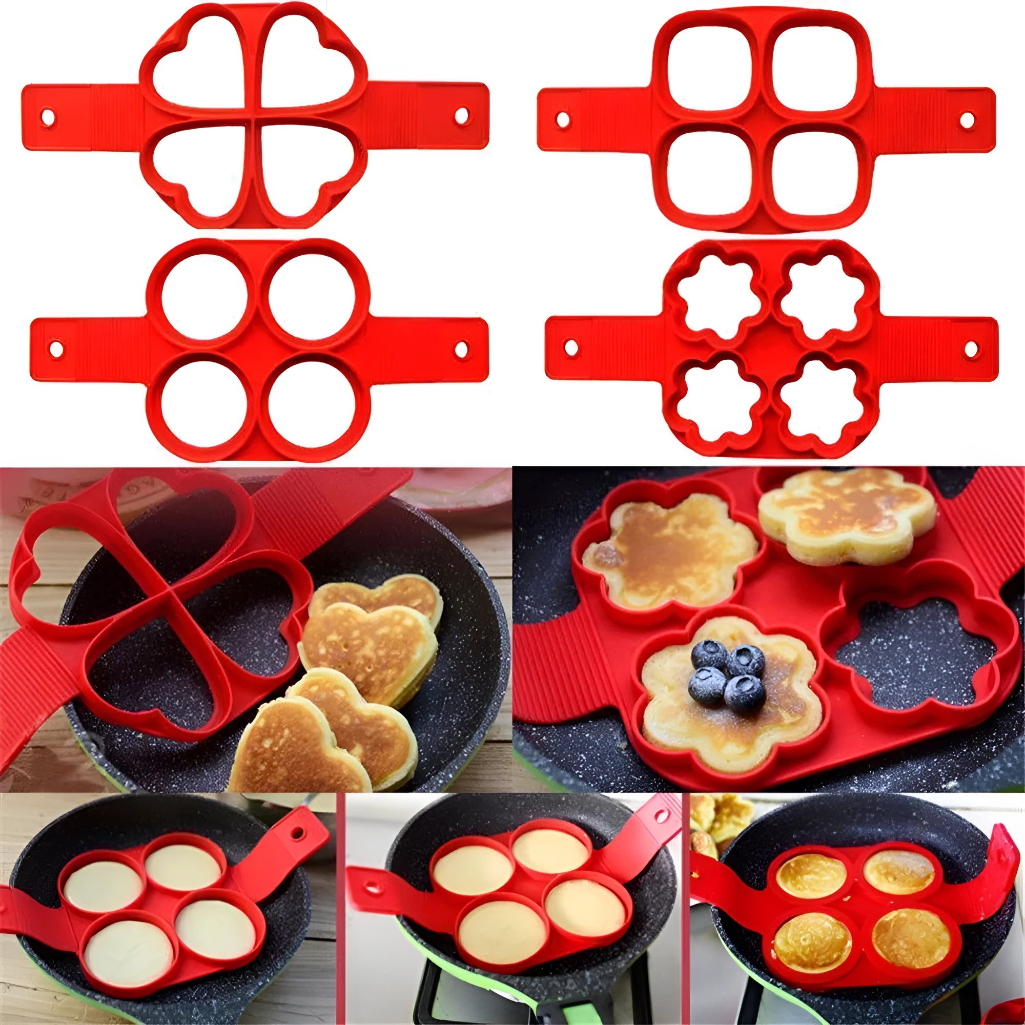 Red silicone nonstick egg pancake maker ring laid flat on a cooking surface