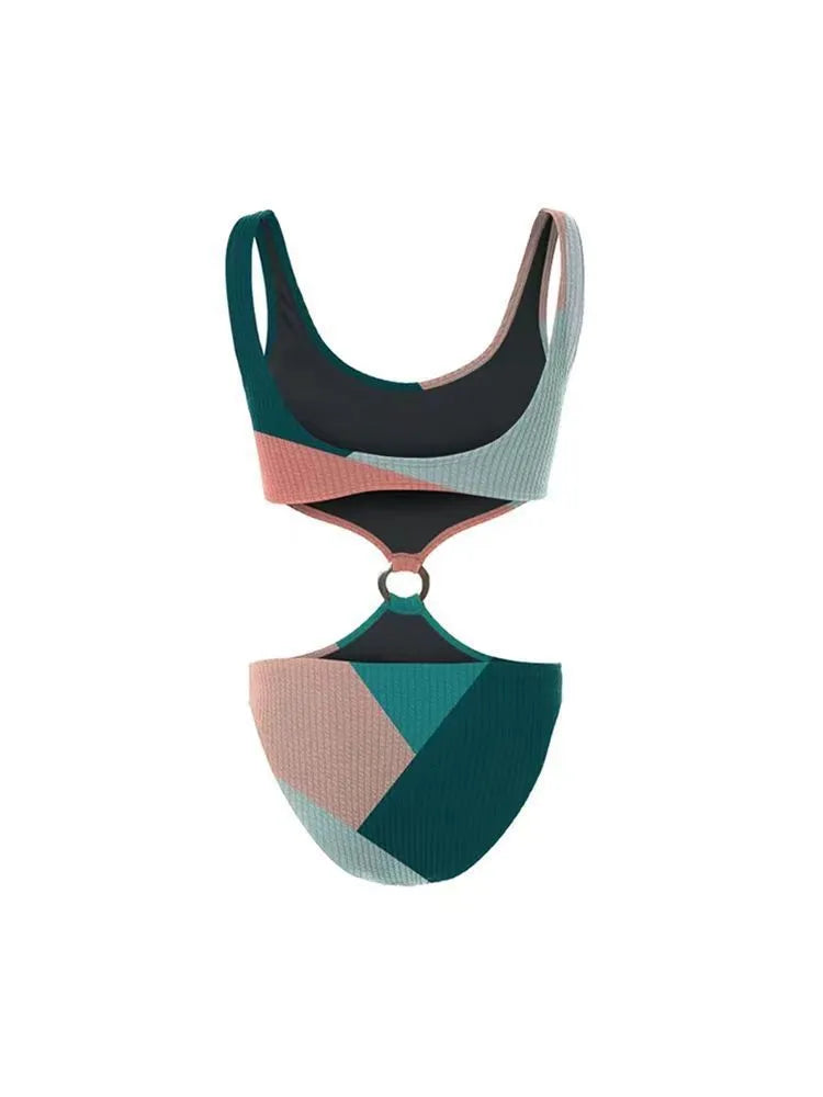 Contrast colour bikini two-piece set with matching mesh gauze skirt on hanger