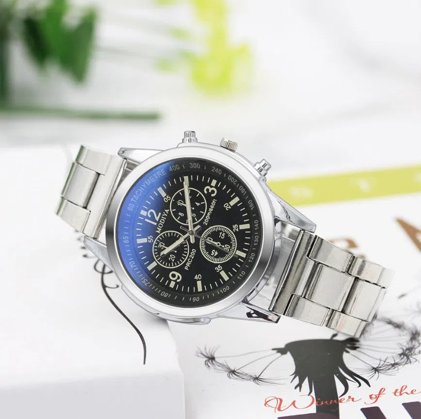 Blu-ray Gift Steel Band Watch with black dial, alloy strap, and folding buckle on a white background