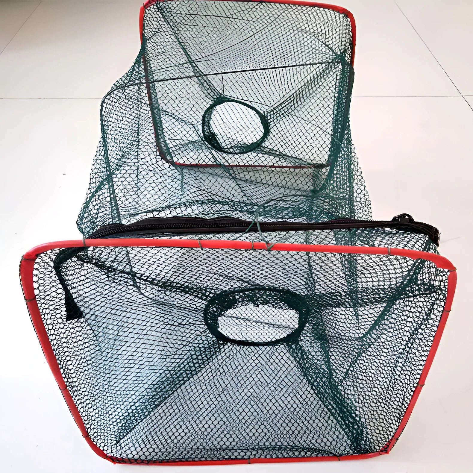 Two-hole folding nylon lobster basket with red plastic pipe structure for lobster catching