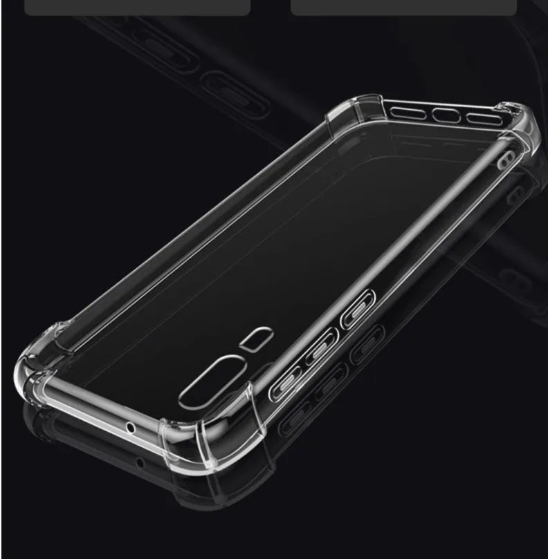 Transparent airbag drop-resistant TPU phone case for a Huawei smartphone on a table.