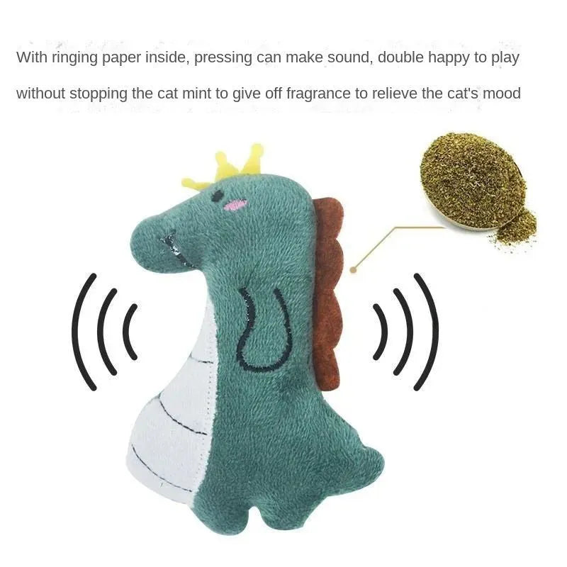 Catnip plush cat toy in Dinosaur colour with sound paper, soft plush, and PP cotton filling