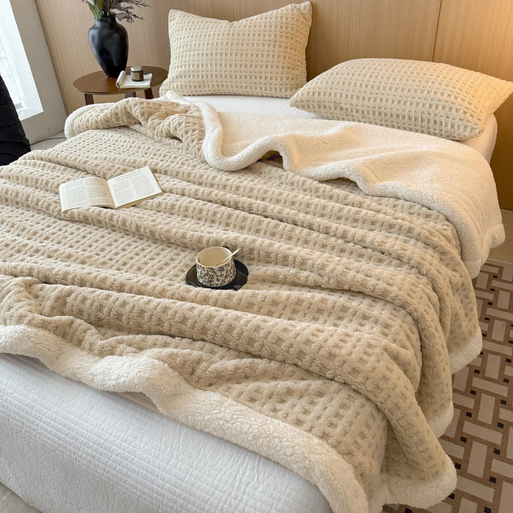 Waffle jacquard double-sided thickened polyester blanket in beige, dark gray, fog blue, fruit green, khaki, light pink, smoky gray