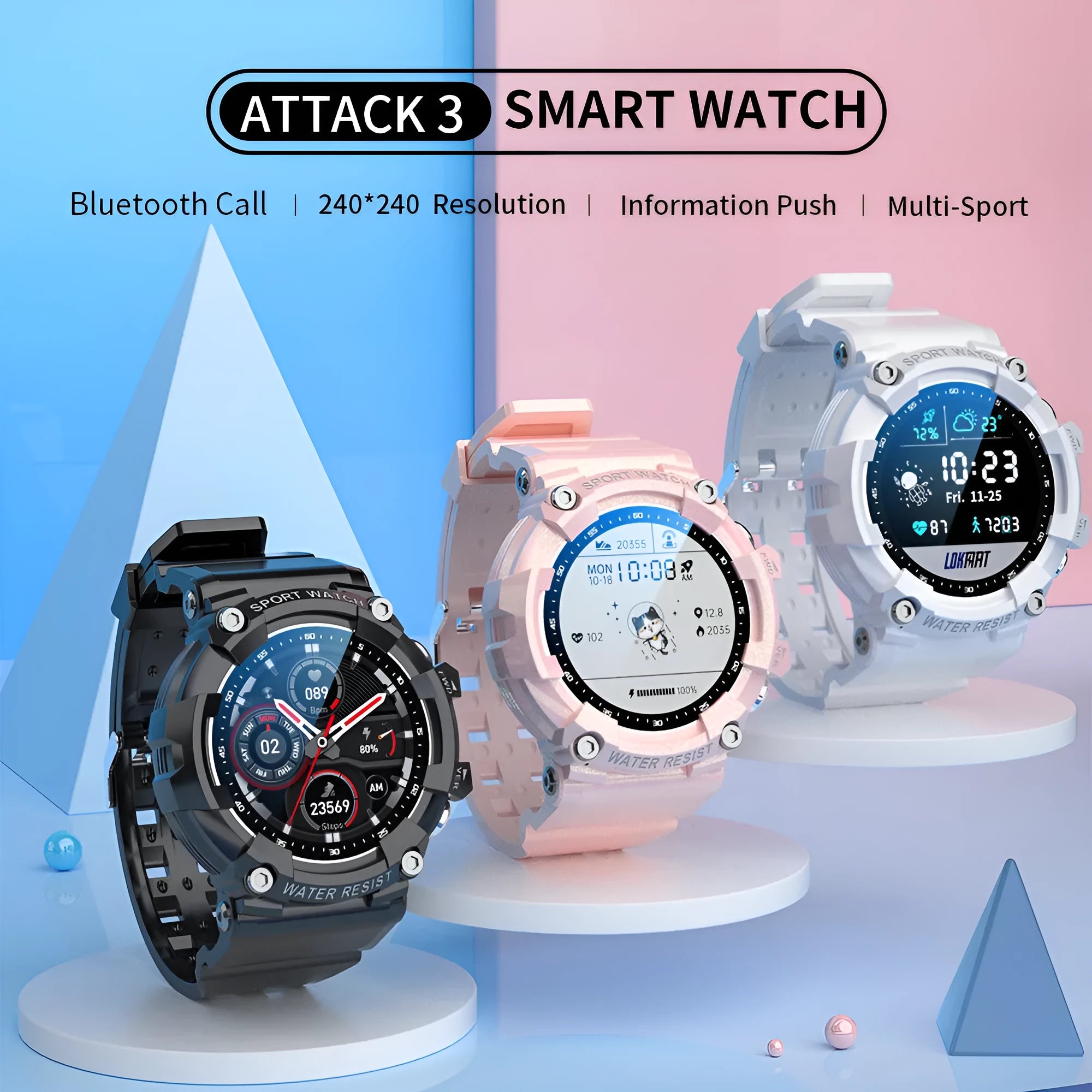 ATTACK 3 IP67 waterproof smart Bluetooth sports watch with round colour screen and TPU strap