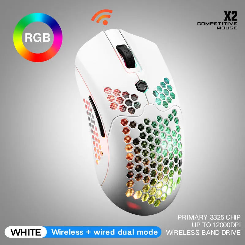 X2 wireless gaming mouse with RGB lighting in black, shown on a mouse pad.