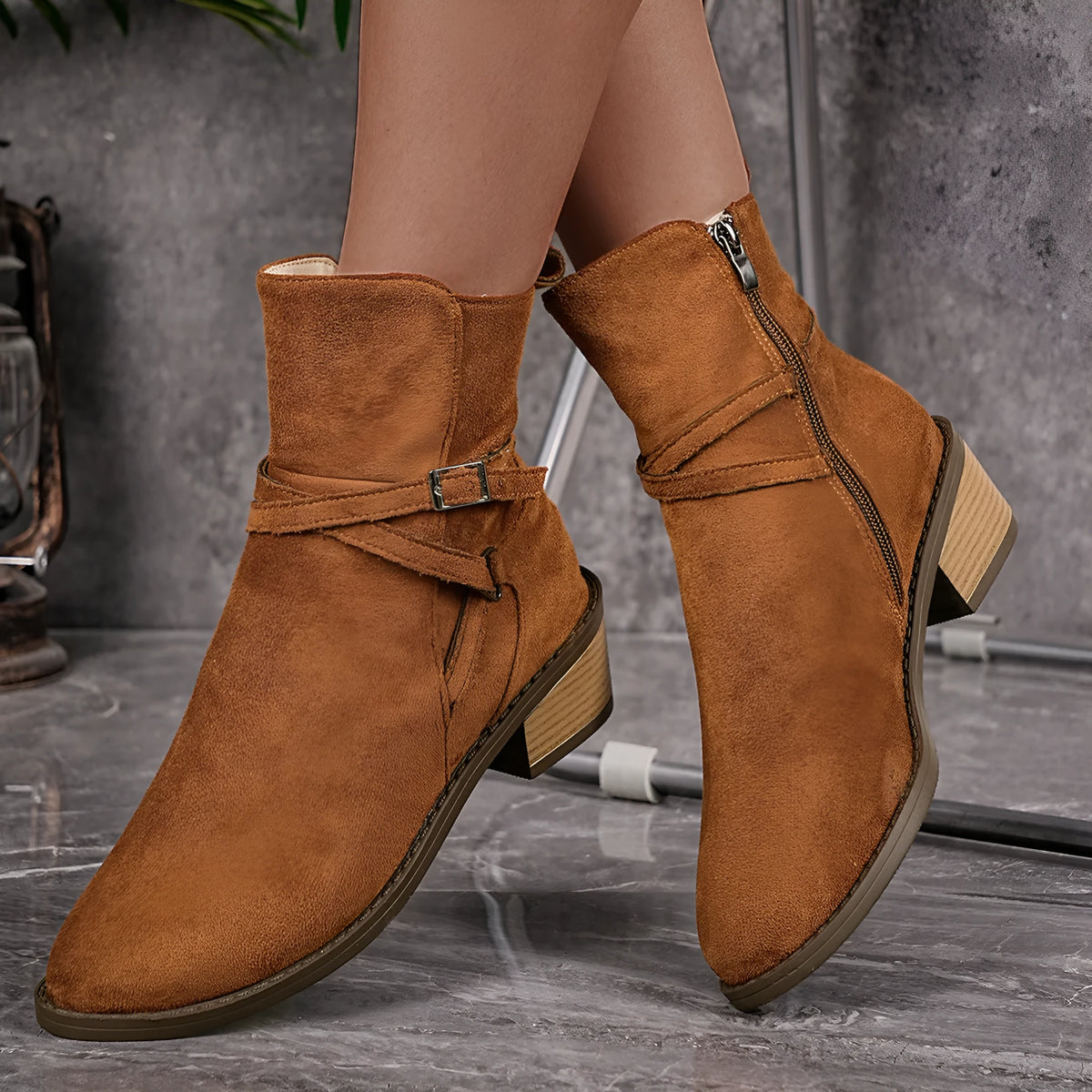 Women's suede ankle boots with cross-strap, side zipper, mid-heel square heel, round toe, available in camel and black sizes 36-43