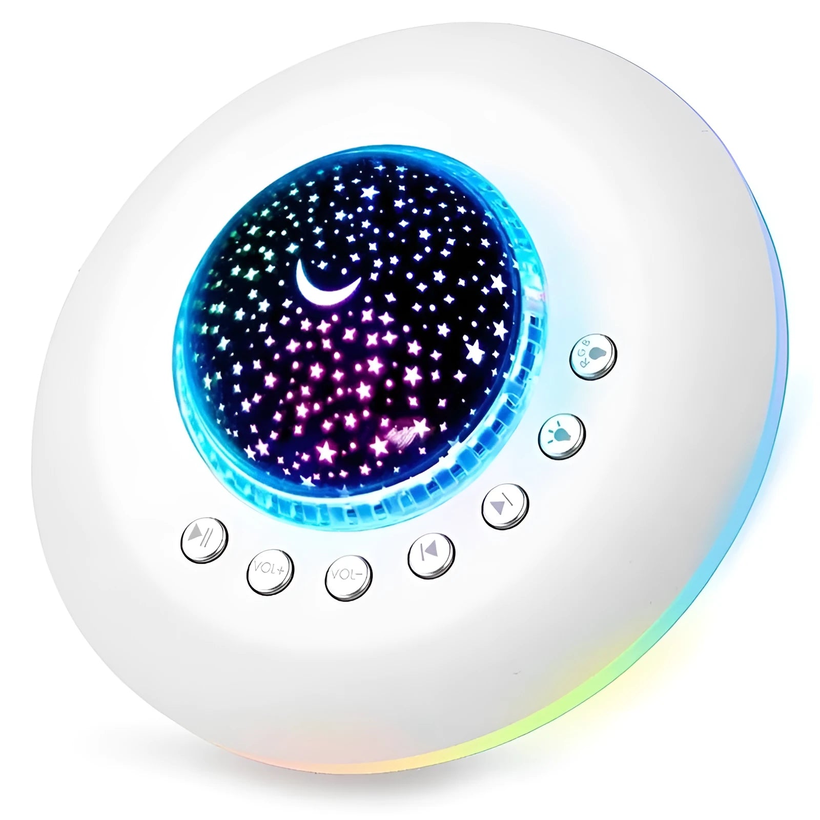 White baby night light with 20 soothing sounds, timer, and ambient light, 150 mm diameter