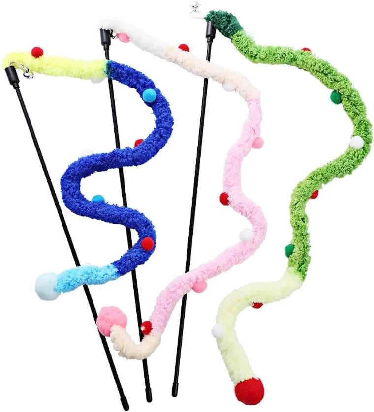Blue cat wand toy with long plush strip and fluffy ball with bells on a 41cm pole