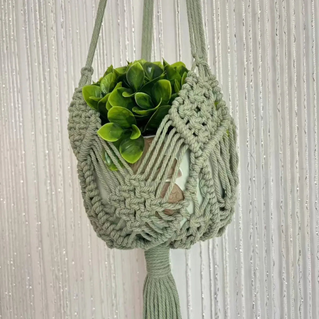 Hand-woven brown polyester cotton flower pot with a net pocket cord