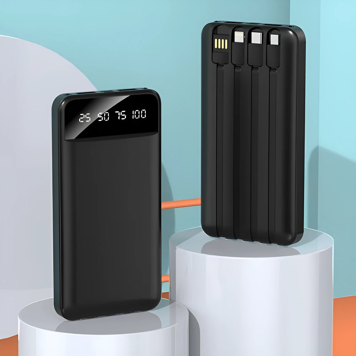 20000 mAh black power bank with charging cable showing compact portable design
