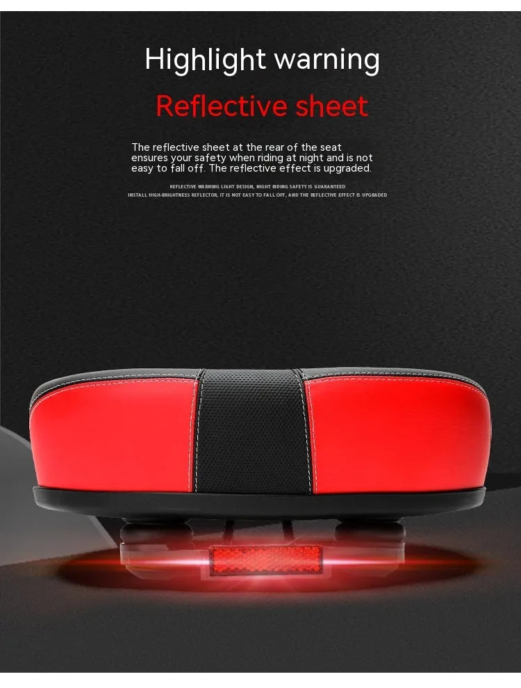 Large thickened bicycle saddle in red, grey, or light brown with reflective stickers.