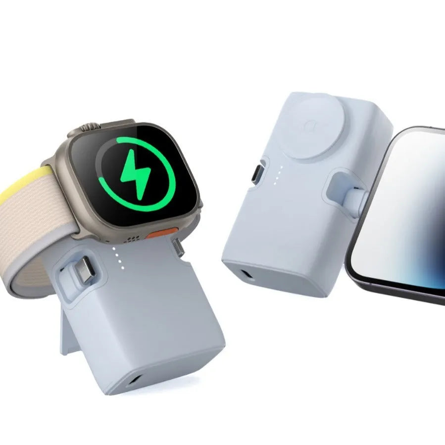 White wireless power bank showing compact 10.5x5x6cm dimensions with 5000mAh capacity label