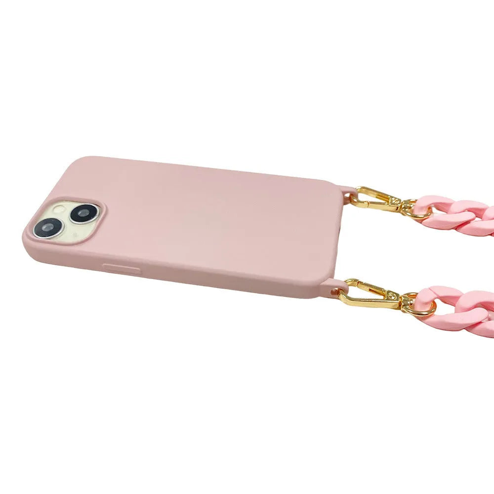 Frosted chain phone cover with slung shoulder strap for iPhone, liquid silicone, pink purple black
