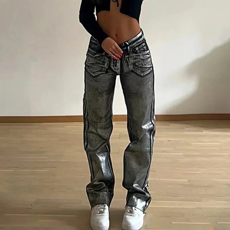 Blue washed high waist straight leg denim jeans with contrast colour street hipster styling