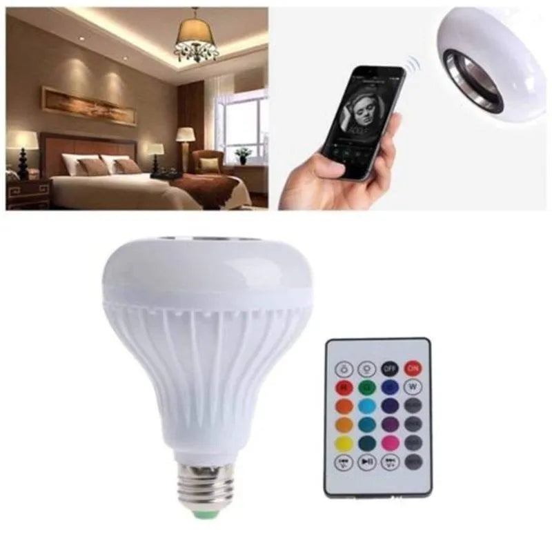 White Bluetooth LED smart bulb with E27 screw base showing colour-changing lighting effects