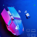 Rechargeable black wireless gaming mouse with six buttons and scroll wheel on a mouse pad