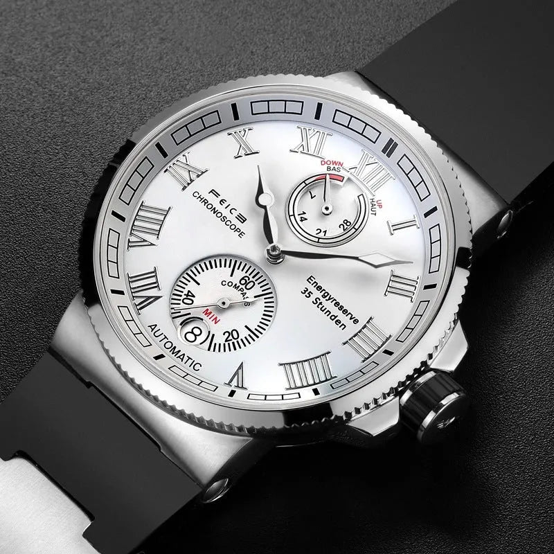 Automatic mechanical watch for men with black silicone band, luminous dial, and stainless steel watch bottom