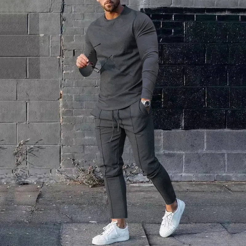 Men's light grey round-neck long sleeve t-shirt and trousers two-piece polyester suit set