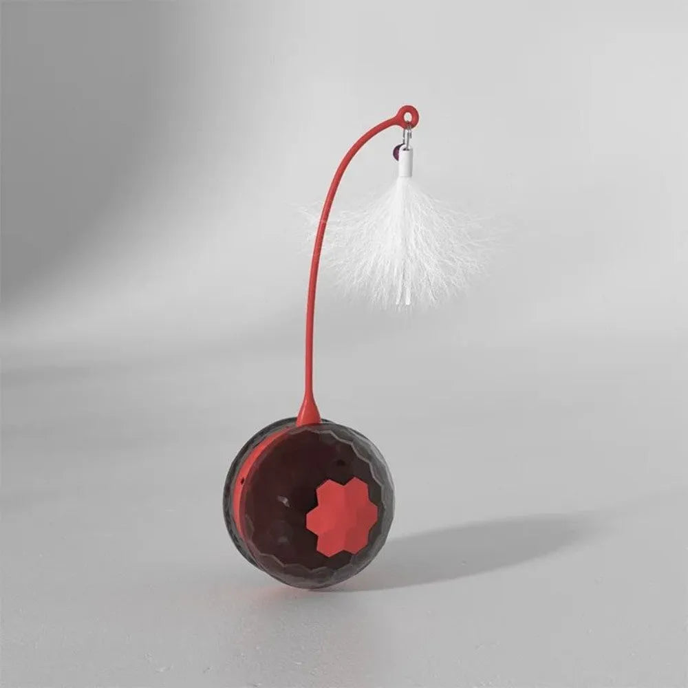 USB rechargeable tumbler cat teaser toy with feather accessory, red or white, 71.5mm x 209mm