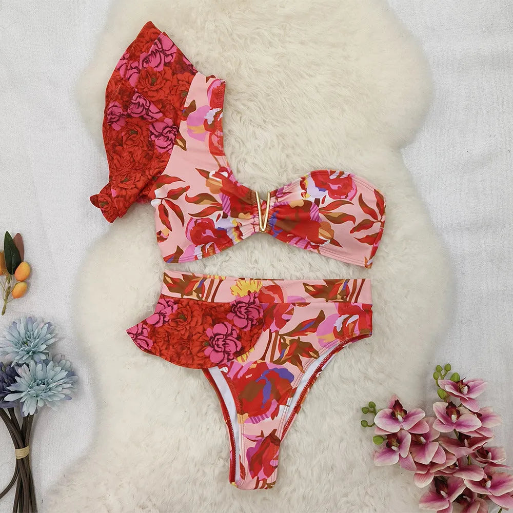Pink floral print one-shoulder ruffled swimsuit with high-waist bikini bottoms