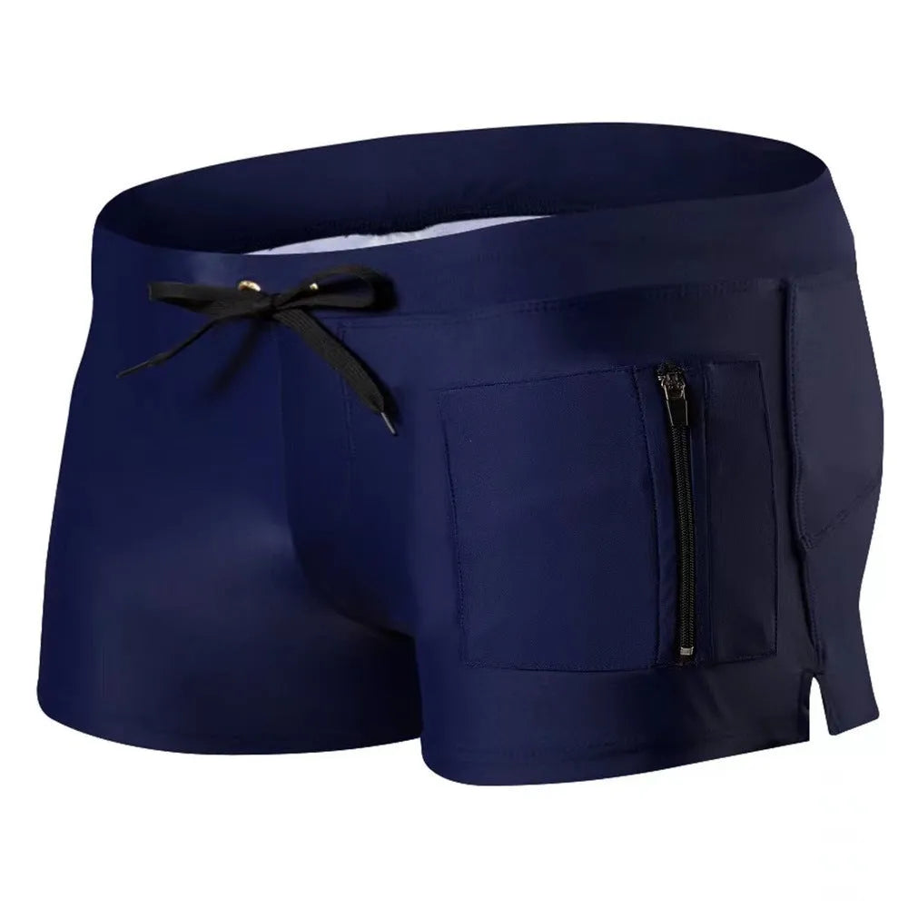 Men's black high waist swimming trunks with lace-up front closure and spandex lining