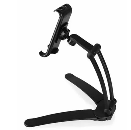 Silver aluminum alloy desktop tablet stand with white mount holding a tablet at an angle