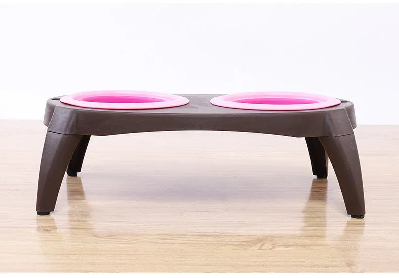 Grey folding pet double bowl made from PP and TPR with non-slip base, packed flat at 38.5 x 21.5 x 12.5 cm