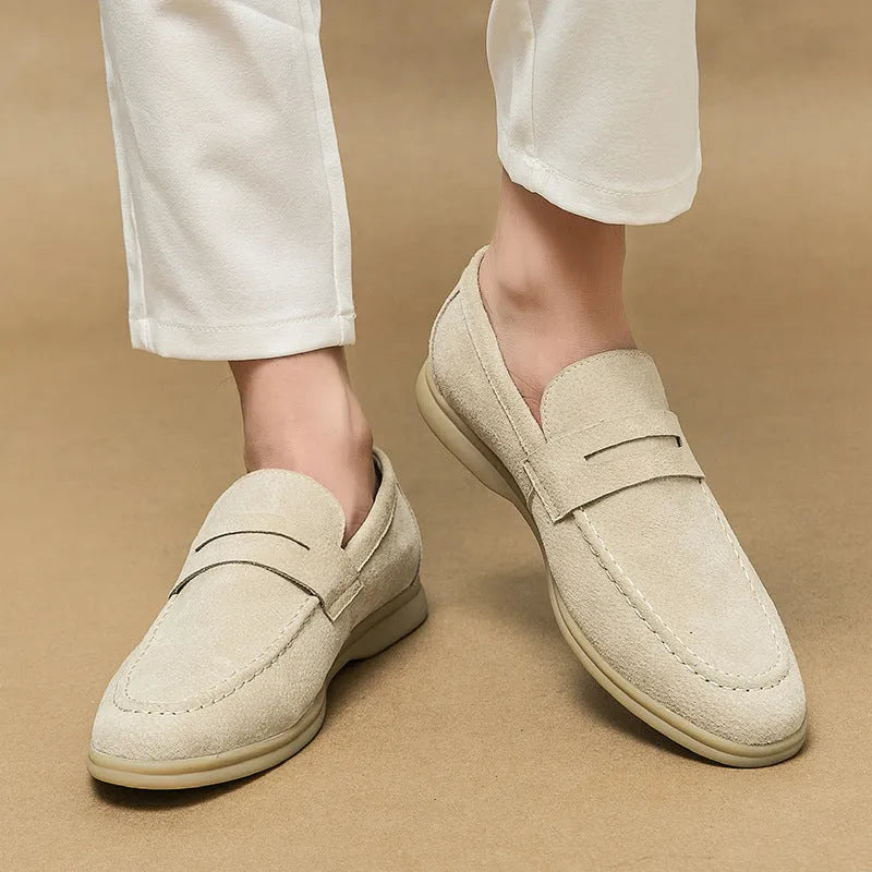 Men's beige, black, and khaki leather slip-on shoes with round toe and rubber sole