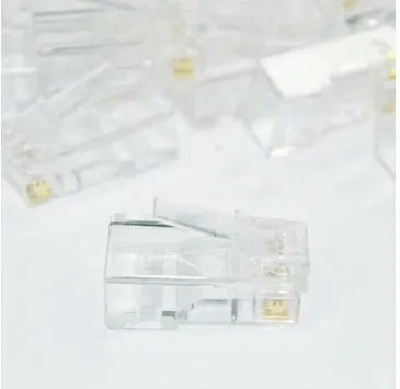White RJ45 network modular plug showing gold-plated three-fork contacts and all-copper insert construction