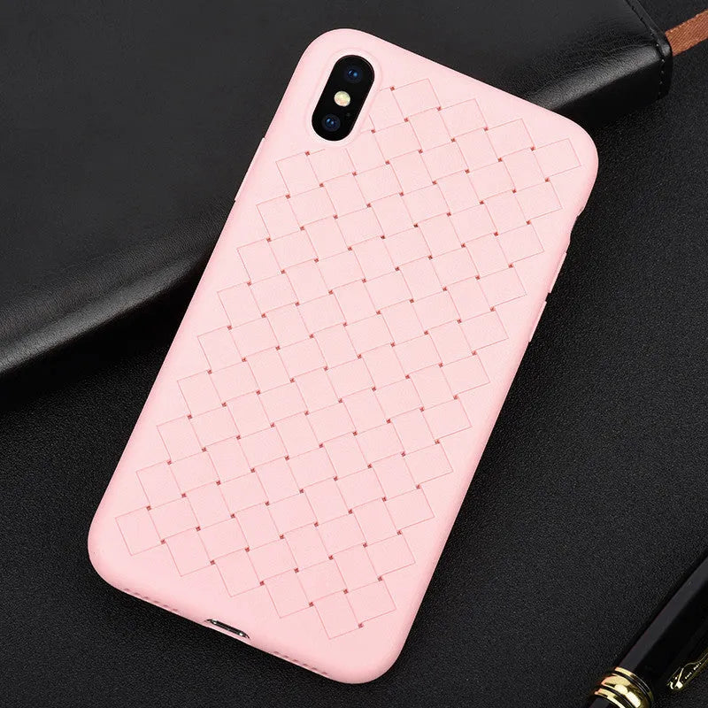 Luxury grid weaving pattern TPU phone case for iPhone with raised screen and camera protection.