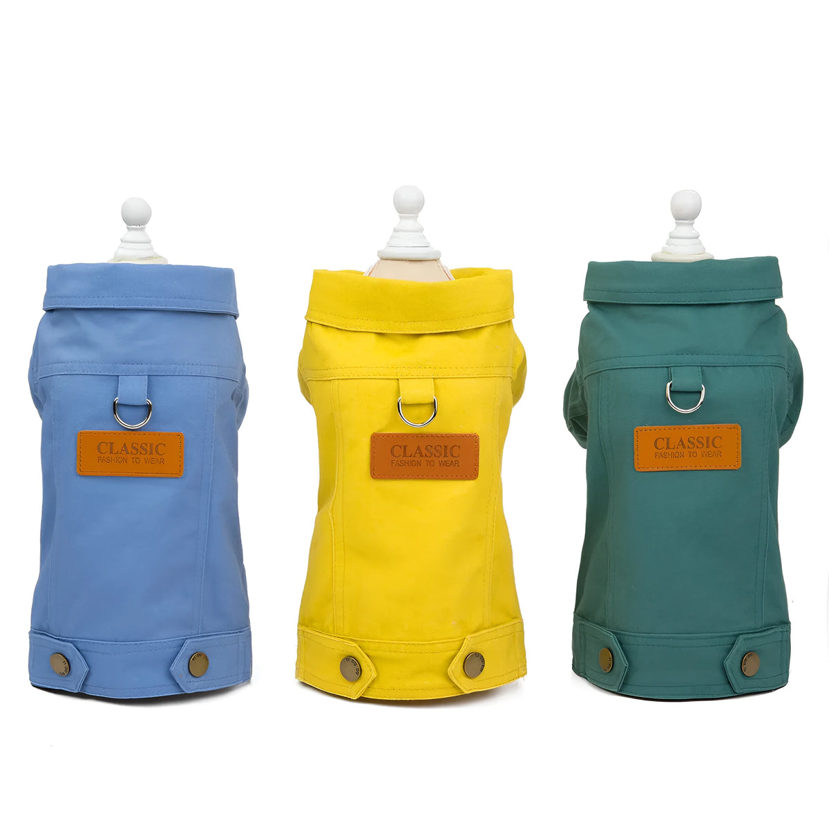 Two-leg cotton pet outfit in blue, yellow, or green, sizes S to XXL with back length, bust, and collar measurements.