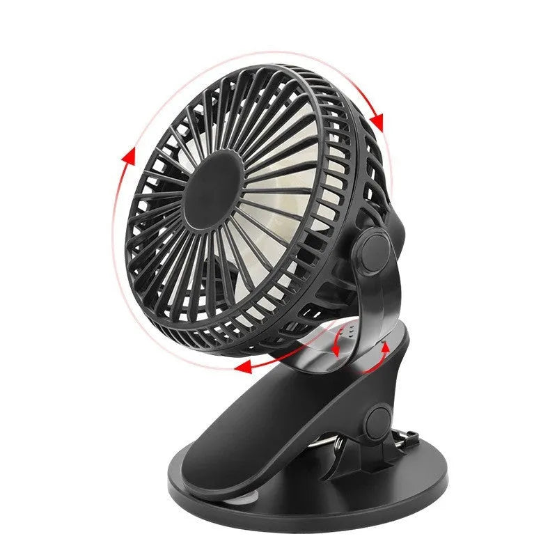 White USB rechargeable clip fan with brushless motor attached to a desk edge.