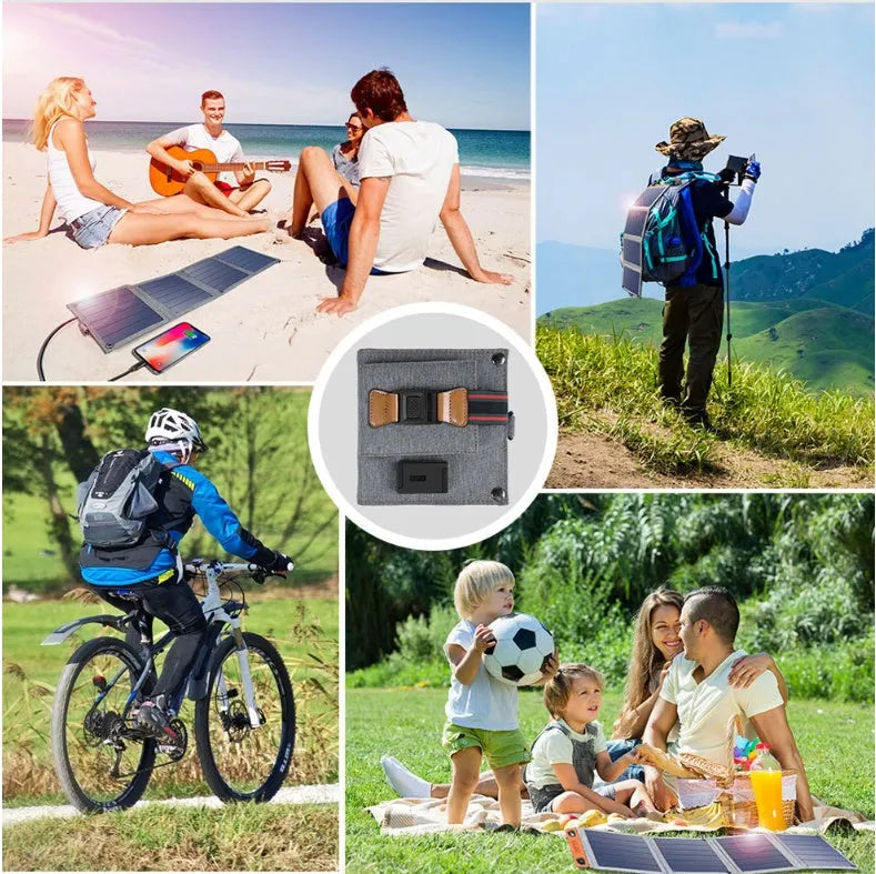 Grey foldable solar charger with USB port for mobile phone and tablet charging outdoors