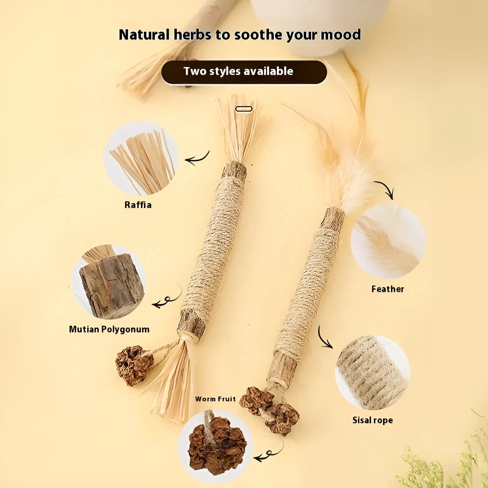 Natural wood cat teeth grinding rod with raffia materials and 2.2cm diameter for feline dental health