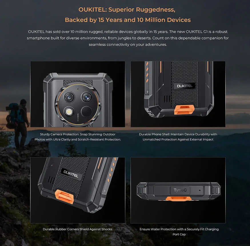 OUKITEL G1 mobile phone in grey, green and orange colour options with charger and manual
