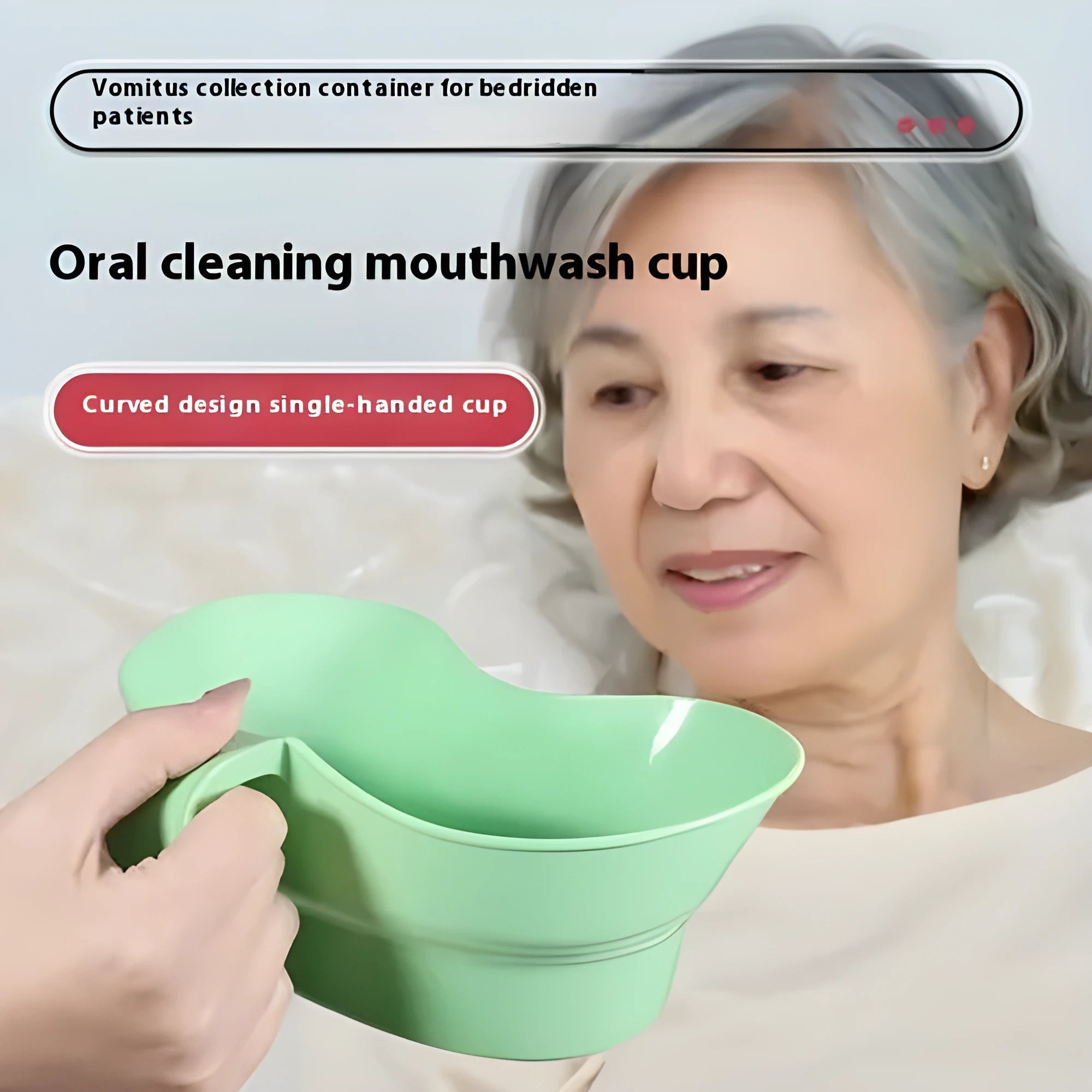 Green plastic gargle cup for elderly patient oral care assistance