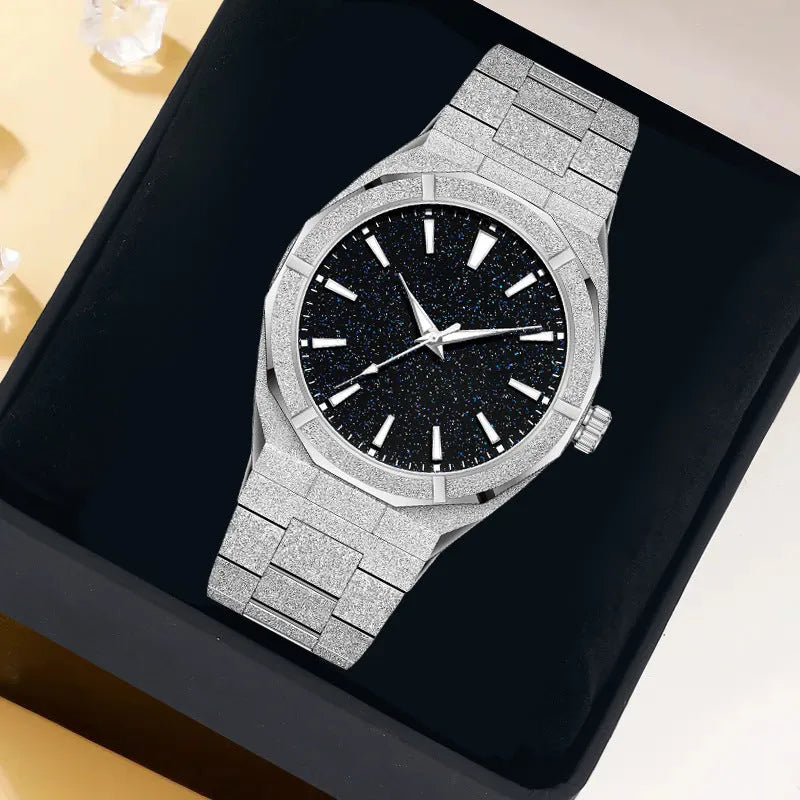 Men's business watch with stainless steel frosted case and luminous hands in silver, gold or black