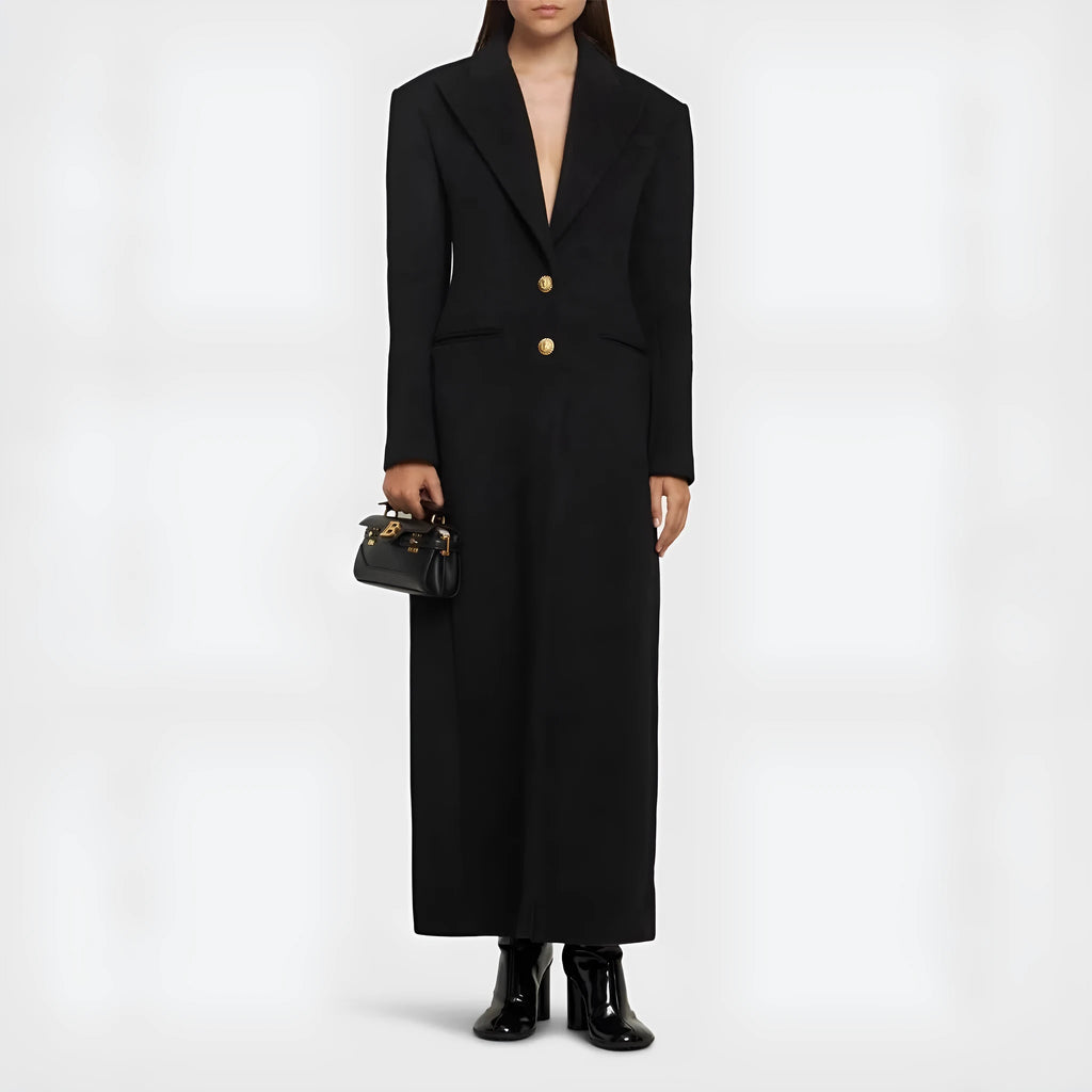Women's slim-fit two-button extended coat in black imitation cashmere blend, front view on hanger