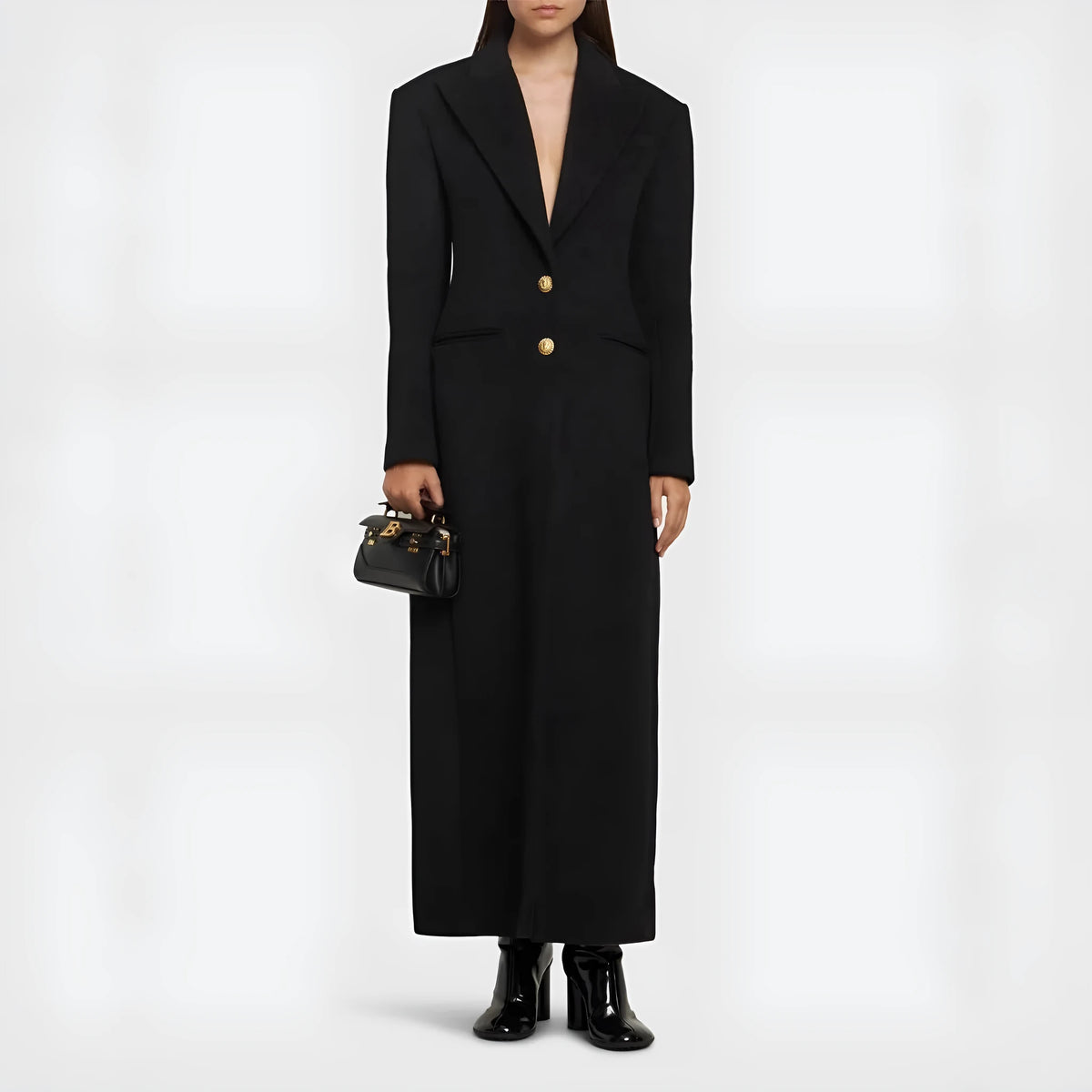 Women's slim-fit two-button extended coat in black imitation cashmere blend, front view on hanger