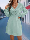 Women's artistic retro V-neck long sleeve beach dress with high waist and 3D pattern