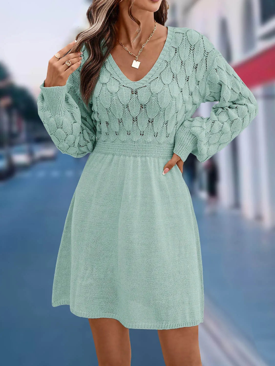 Women's artistic retro V-neck long sleeve beach dress with high waist and 3D pattern