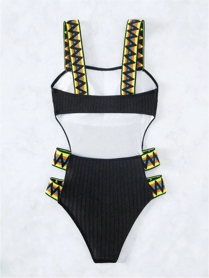 Women's black one-piece swimsuit bikini solid colour polyester swimwear