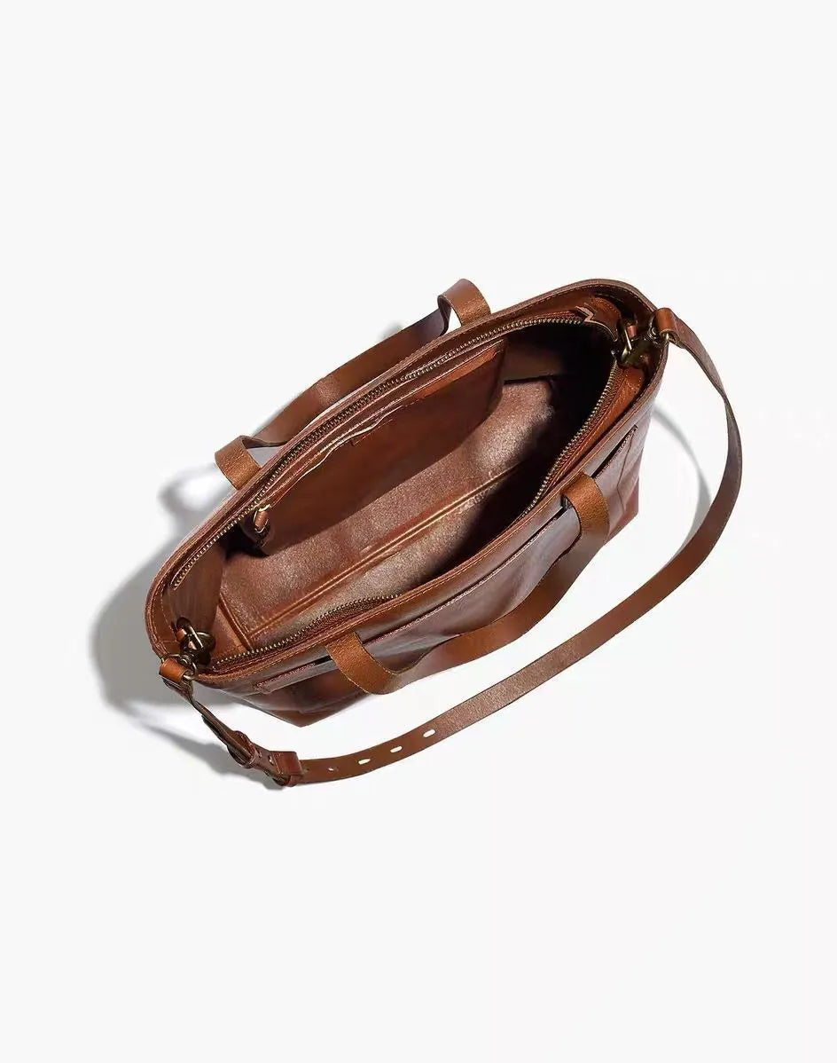 Medium genuine first layer cowhide leather tote bag square vertical shape double shoulder straps black brown