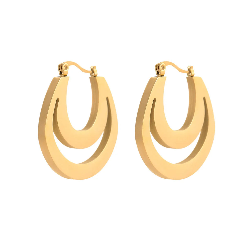 Metallic French geometric earrings with gold plating on stainless steel, featuring round ring elements